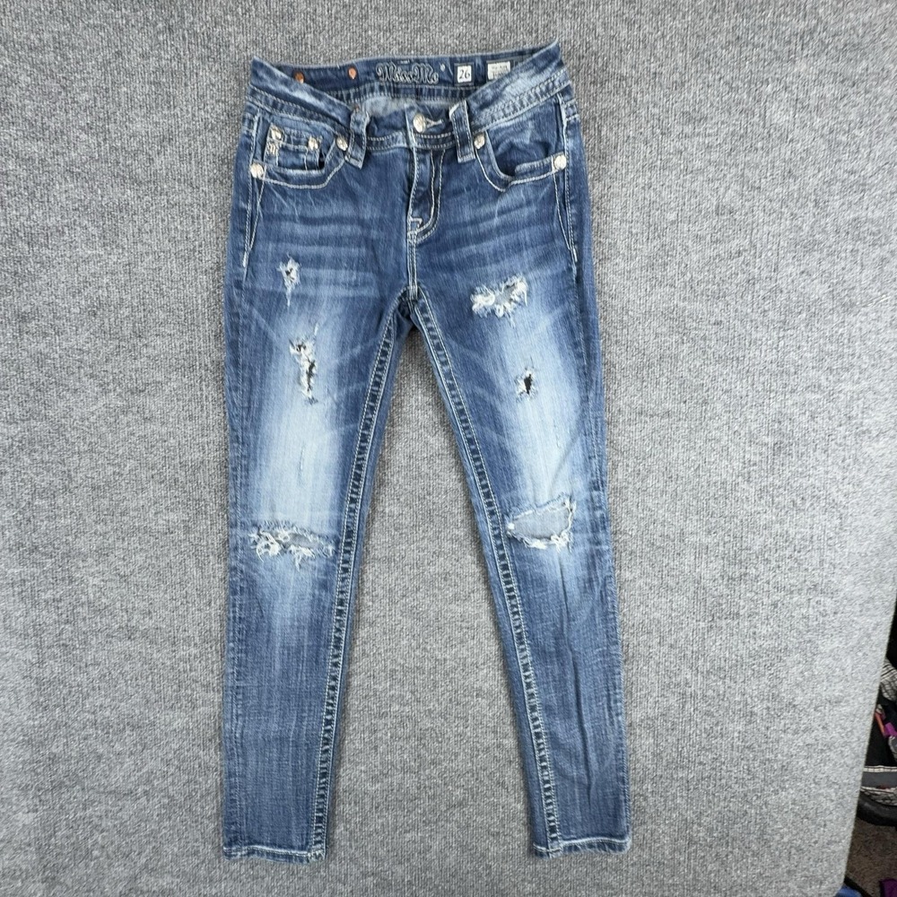 Miss Me Jeans Womens 26 Medium Wash Mid Rise Skinny Distressed Sequin Denim